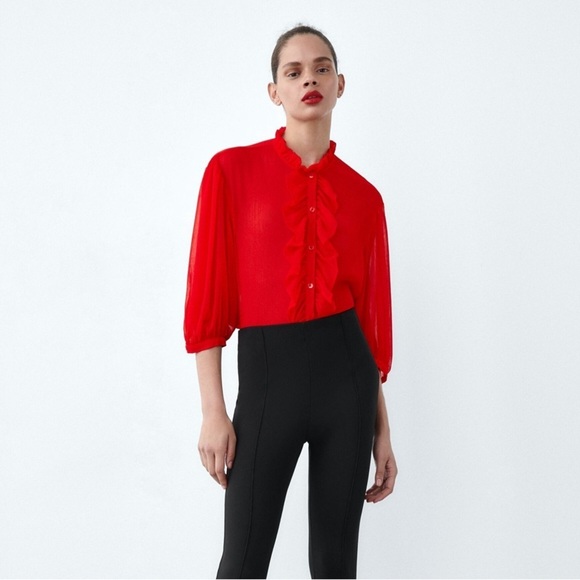 ZARA Semi-Sheer Blouse with Ruffles BNWT - Picture 1 of 3